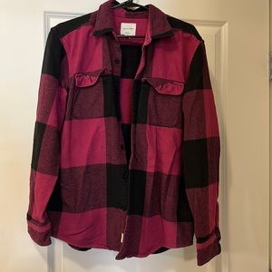 American Eagle Purple Plaid Oversized Button Up - Pink/Purple and Black - SIZE L